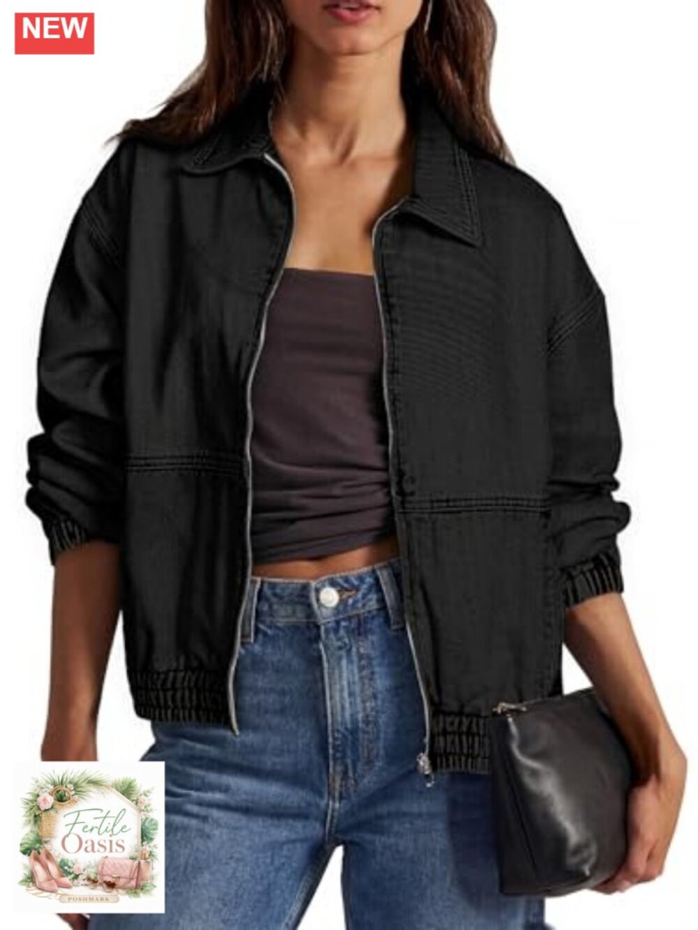 Oversized Denim Jacket Women Zip Up Long Sleeve Casual Loose Fit Jean Jacket
